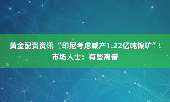 黄金配资资讯 “印尼考虑减产1.22亿吨镍矿”！市场人士：有些离谱